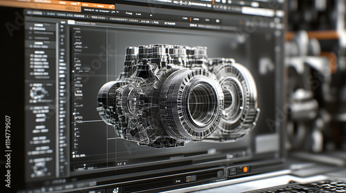 
Engineering designer design 3D CAD software program Industrial engine model mechanical dimensional digital manufacturing factory engineer computer screen. 3d rendering.