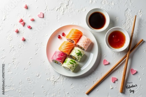 Colorful sushi rolls with soy sauce on a valentine's day-themed table photo