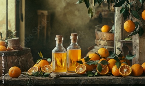 Bottles of orange extract surrounded by fresh and dried oranges in a rustic setting. photo