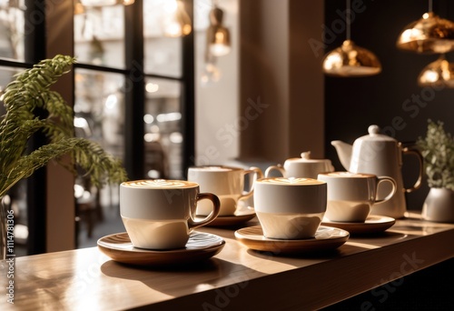 Wallpaper Mural captivating coffee creations displayed aesthetic minimalist settings stylish cups steam appearing inviting environments, table, design, decor, pattern Torontodigital.ca