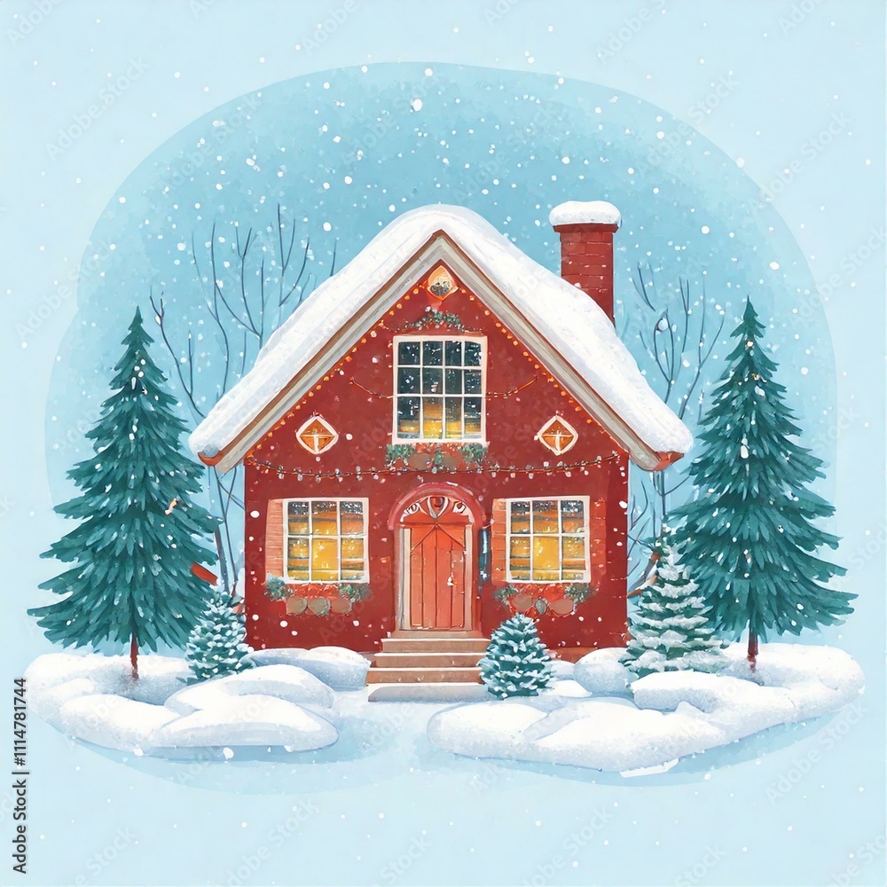 Fototapeta premium Watercolor cozy little house in winter scene vector illustration, merry christmas postcard design, seasonal new year greetings
