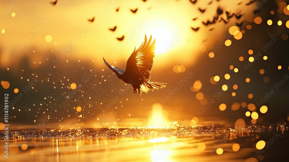 Fototapeta premium Golden sunset, bird in flight, water sparkle.