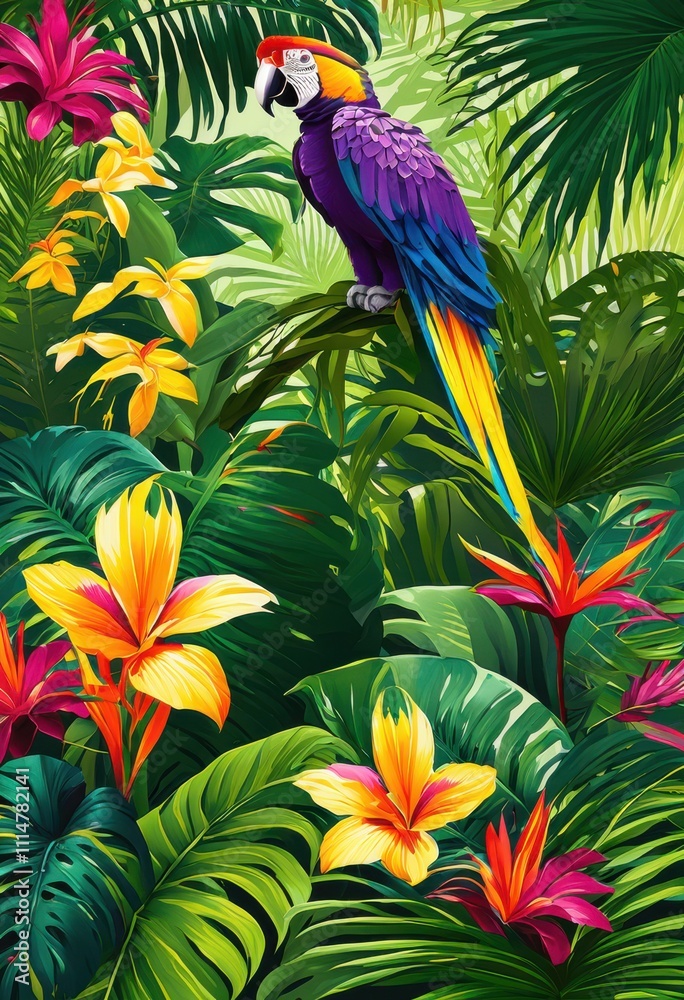 Obraz premium exquisite vibrant tropical foliage intertwined subtle wildlife highlights captivating diverse beauty, plants, leaves, nature, garden, exotic, flowers