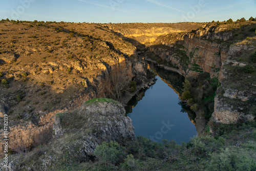 Landscape of Duraton gorges at sunset in Foz Monastery zone, Segovia, Castilla y Leon, Spain