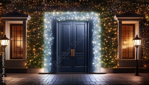 A sparkling garland with twinkling lights framing a doorway