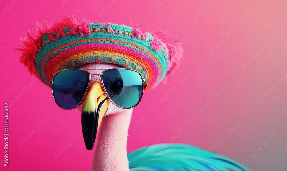 Fototapeta premium Colorful background with sunglasses and a sombrero hat worn by a cute flamingo.
