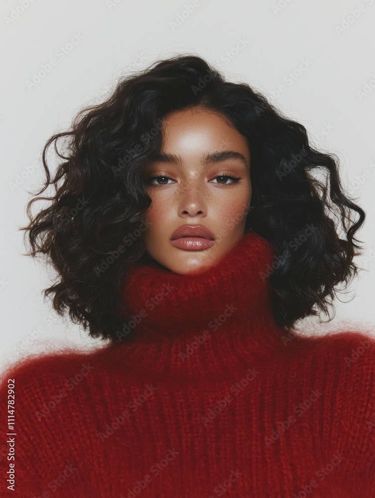 Stylish woman with curly dark hair in red knit sweater, elegant and chic - graphic design background - photography for social media faceless digital content marketing.