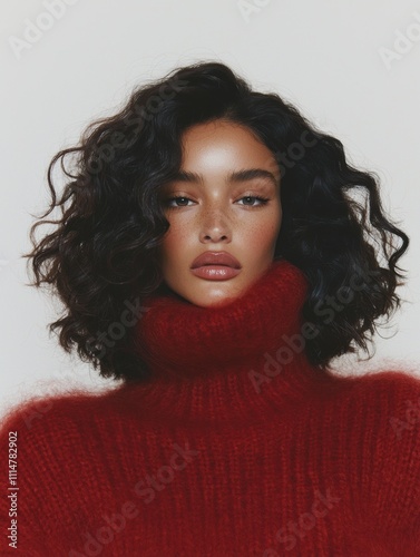 Obraz na płótnie Stylish woman with curly dark hair in red knit sweater, elegant and chic - graphic design background - photography for social media faceless digital content marketing. w salonie