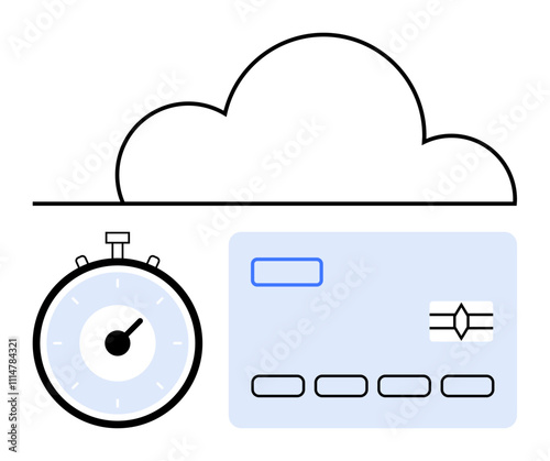 Cloud outline stopwatch and credit card. Ideal for cloud services, billing, transactions, finance, time management, payment systems, security. Line metaphor