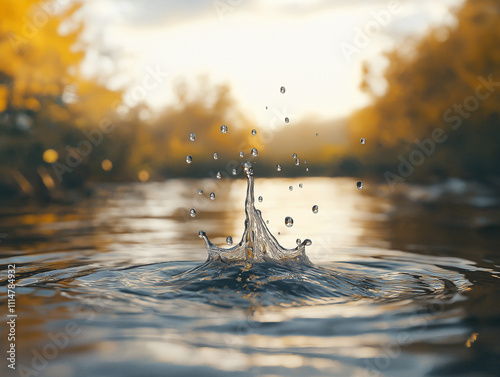 Detailed view of a single raindrop hitting a wet surface photo