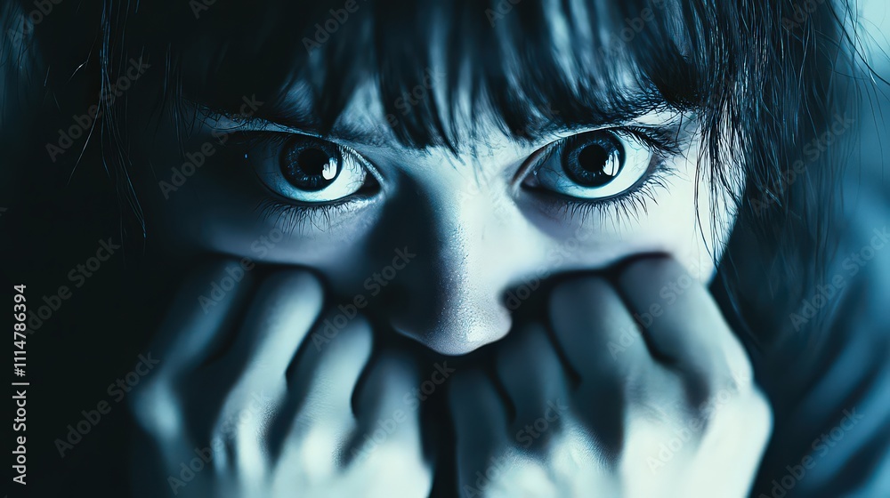 Panic Posture Look of panic with dilated pupils, hands clutching for protection, and ...