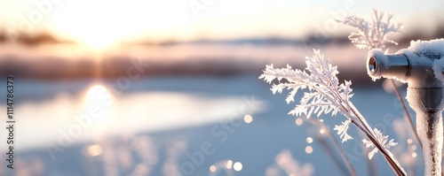 Icy water tap with a delicate layer of frost, blurred winter background, intricate ice texture visible on close inspection photo