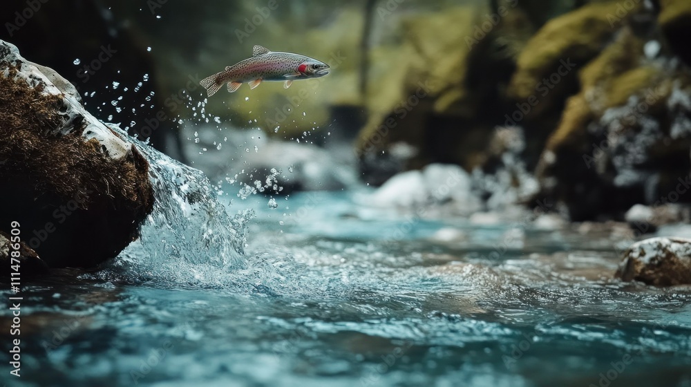 Fototapeta premium Rainbow trout jumping out of the water in a river, Capturing beauty of nature