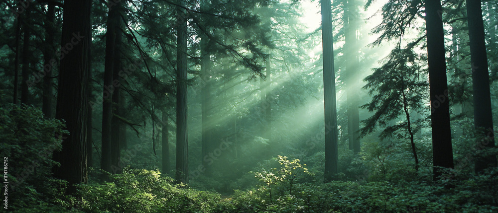 Fototapeta premium Majestic Sunbeams Illuminate Mystical Evergreen Forest