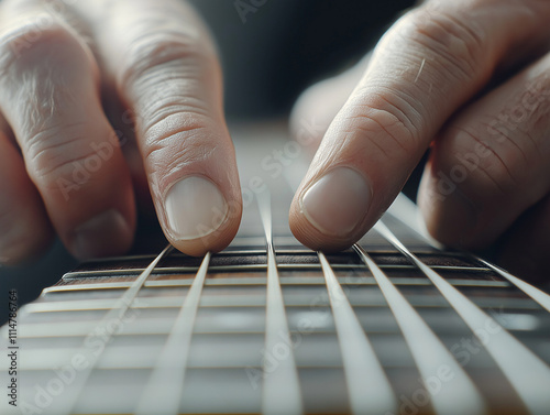 Close-up of frets being pressed by fingers on a guitar photo