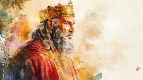King Solomon from the Old Testament, portrayed with regal attire and a wise, contemplative expression.