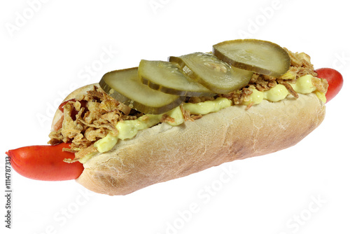 fresh Danish style hot dog with traditional red sausage isolated on white background