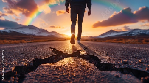 Close up of a cracked road filled with deep potholes, barriers ahead, a determined figure walking toward a rainbow lit horizon, symbolizing triumph over adversity photo