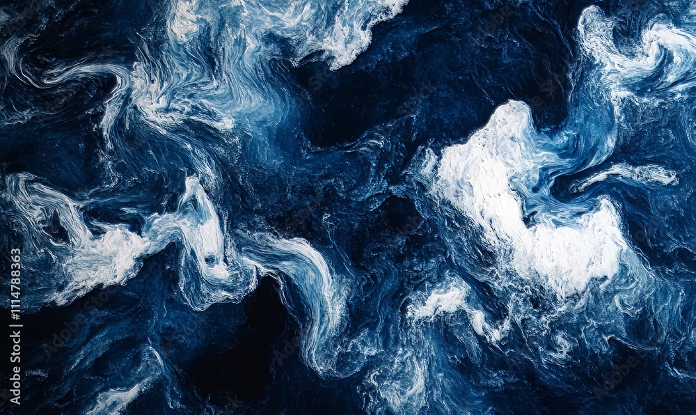 Obraz premium Texture of churning waves in shades of deep blue and white hinting at the unpredictable nature of the sea.