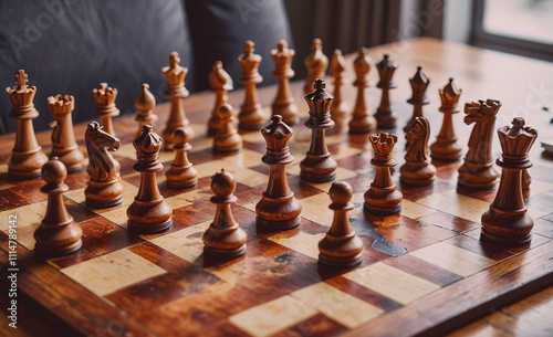 Wooden chess board with pieces on it. There are two people sitting at the table. One of them is holding a piece photo