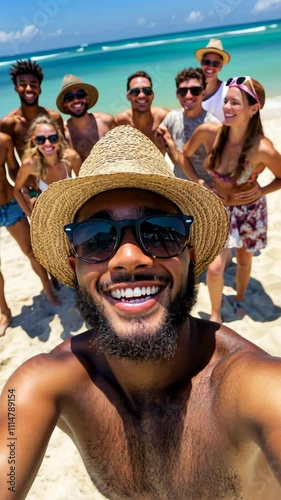 Friends enjoying a sunny day at the beach while taking a fun group selfie during summer vacation