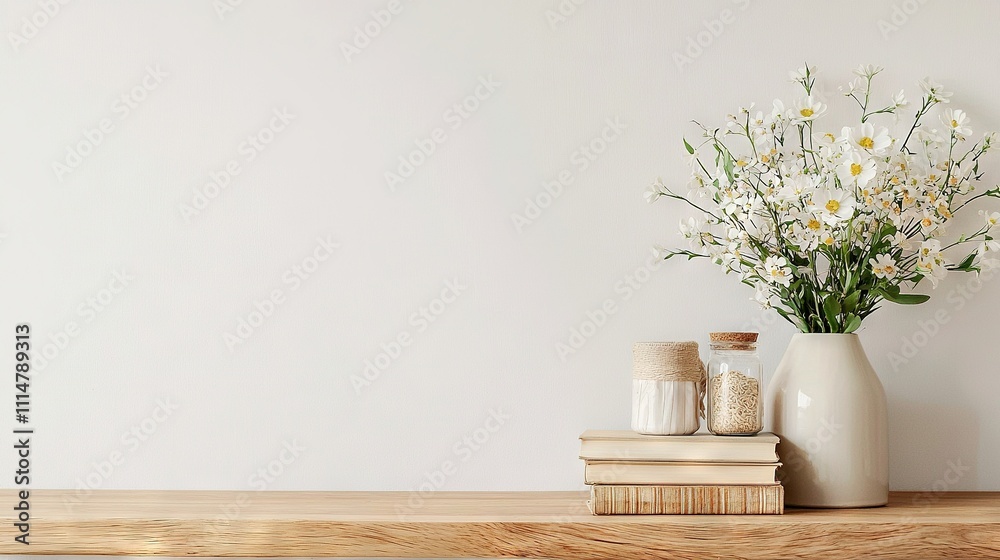 A vase holding white flowers rests atop a wooden table, near a pile of books on the same table A vase holding white flowers rests atop a wooden table, near a pile of books on the same table