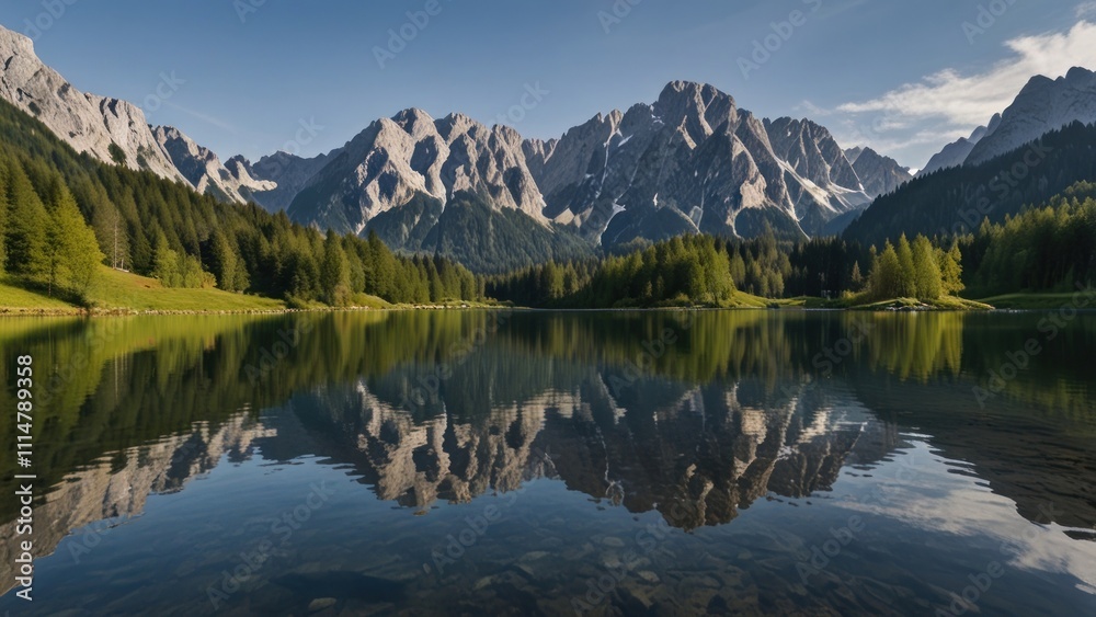 Serene mountain lake reflecting majestic peaks under a clear sky. Serene mountain lake reflecting majestic peaks under a clear sky.
