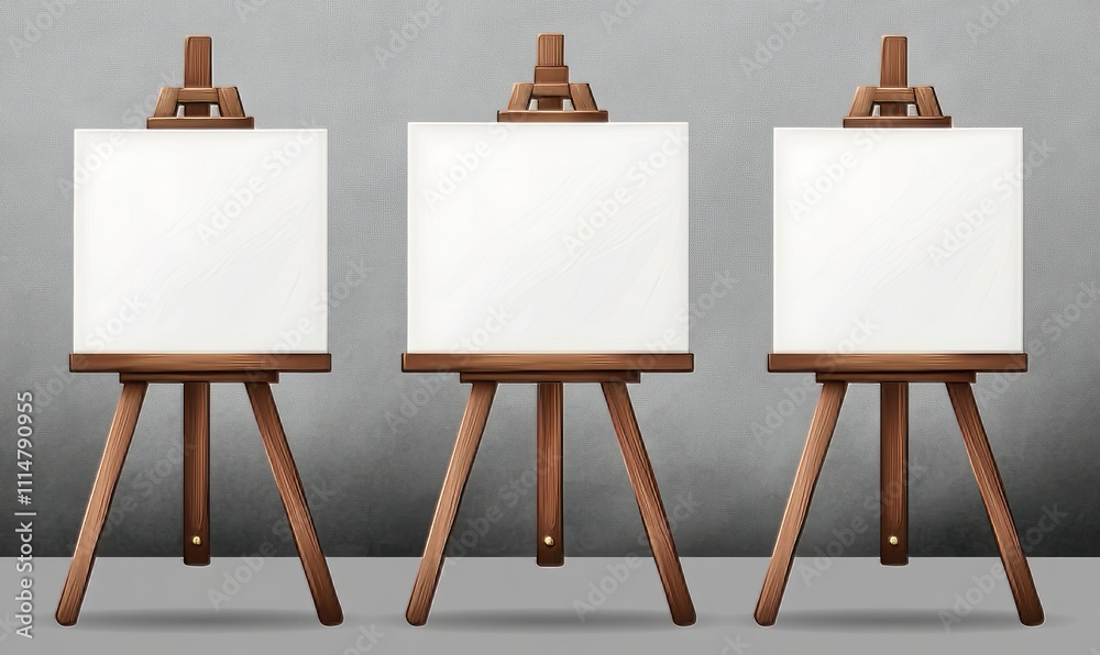 Set of three easel stands isolated on transparent background. Modern realistic illustration showing a wooden tripod with white canvas. Set of three easel stands isolated on transparent background. Modern realistic illustration showing a wooden tripod with white canvas.
