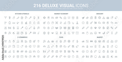 Restaurant food, grocery store and bakery products, trends and support of online commerce line icon set. Market economy, kitchen equipment for cooking thin black outline symbols vector illustration