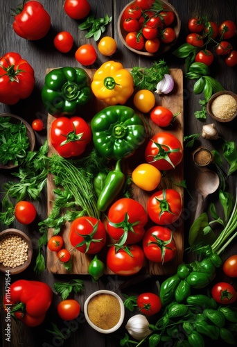 Wallpaper Mural vibrant colorful flat lay fresh ingredients wooden cutting board variety textures shapes, artichoke, almond, avocado, basil, bean, beet, bell, pepper Torontodigital.ca