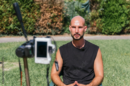 Man Filming Outdoor Video Blog in Sunny Garden Setting photo