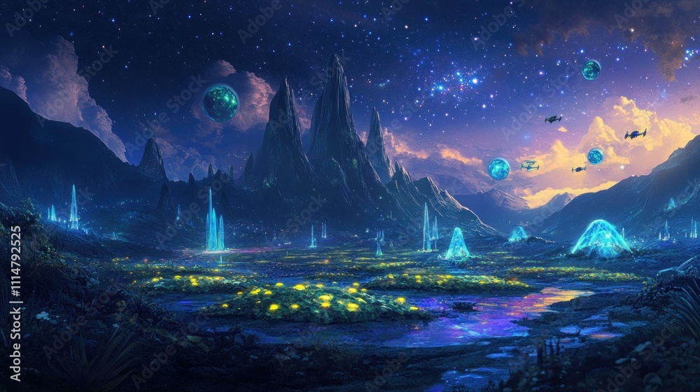 Obraz premium Vibrant alien landscape under a starlit sky. Generative AI
