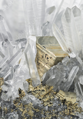 Macro photograph of quartz crystals and pyrite from Peru