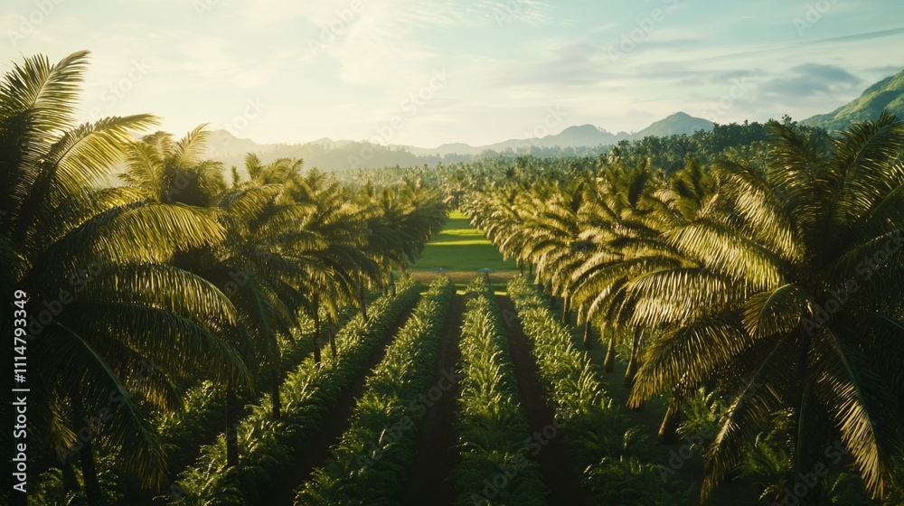 Fototapeta premium Aerial view of sunlit coconut palm plantation rows.