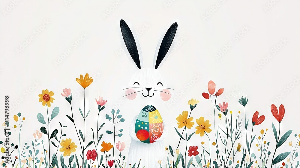 Fototapeta premium A white-background painting of a bunny with an Easter egg amidst a field of flowers and daisies