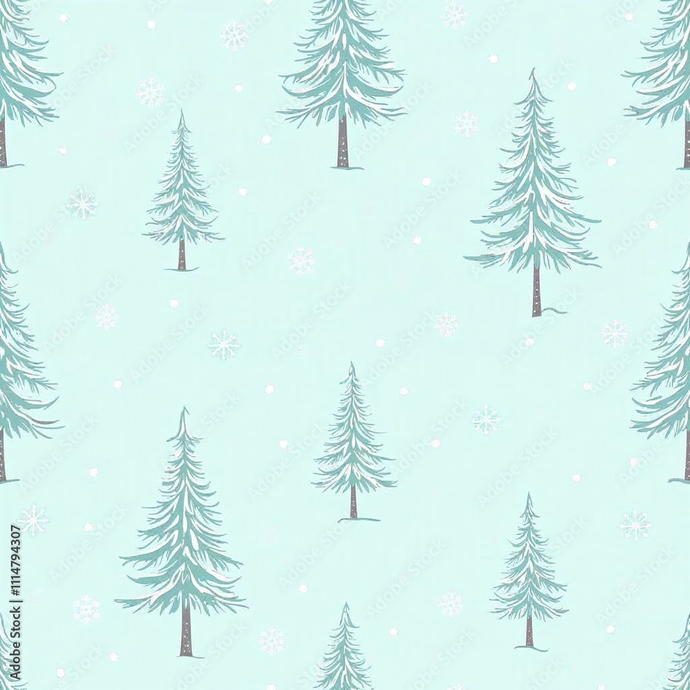 Fototapeta premium Seamless winter pine trees pattern with snowflakes, Christmas concept, winter background