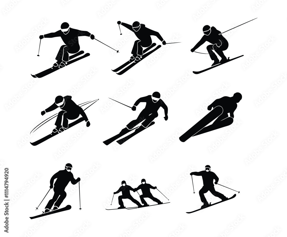 Naklejka premium Silhouette Collection of Skiing Poses Vector