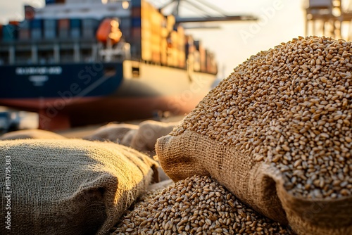 Wheat grains piled in burlap sacks at commercial dock awaiting export shipment