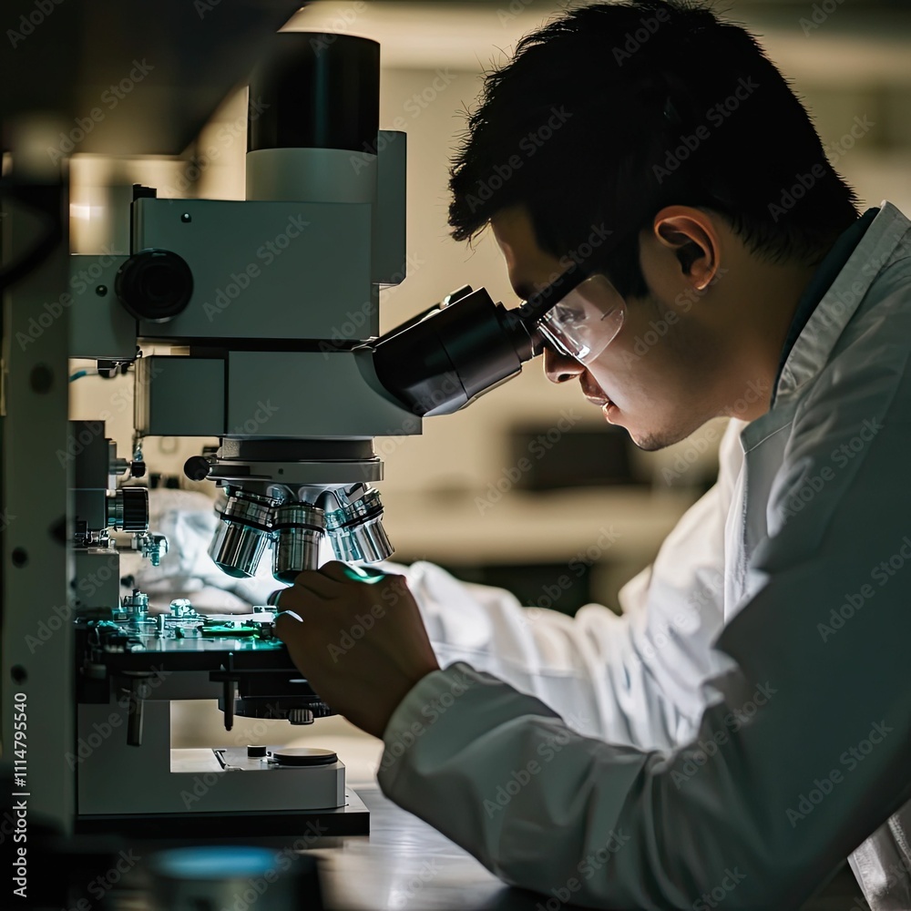 Person in lab coat uses a microscope.