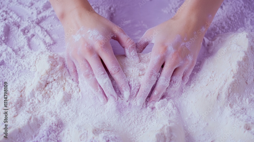 Fototapeta premium Hands kneading dough in a soft, floury surface, creating a tactile baking experience, AI