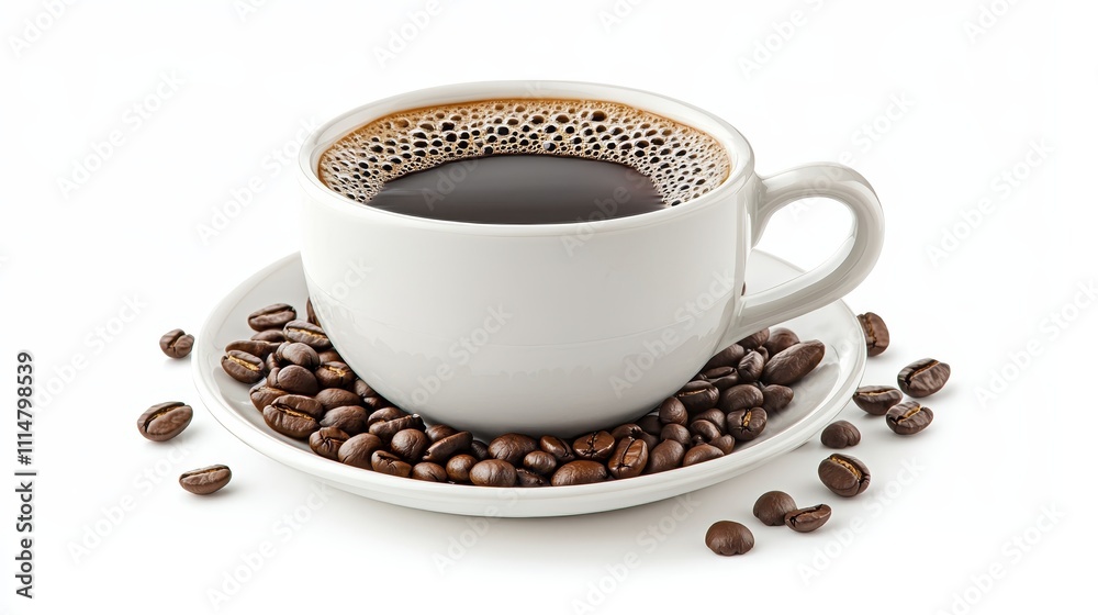 Fototapeta premium Steaming black coffee in a white cup on a saucer with scattered beans, close-up, isolated for a morning espresso break advertisement, fresh and inviting