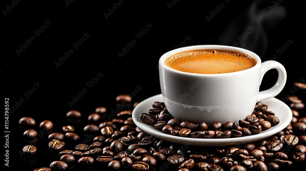 Fototapeta premium Steaming espresso in a white mug, surrounded by coffee beans on a saucer, close-up, isolated for a morning coffee break advertisement