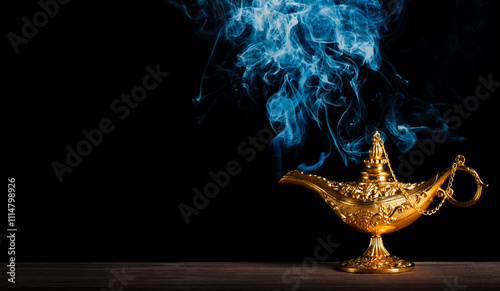 Magic lamp from the story of Aladdin with Genie appearing in blue smoke concept for wishing, luck, fairy tale and magic. Free space for your text
