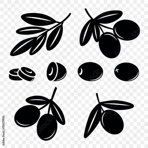 Flat Vector Black Olives and Branch Outline Set. Hand-Drawn Olive Tree Berries and Branch Clipart. Olive Twig with Leaves for Olive Oil Products, Packaging, Food Design Template
