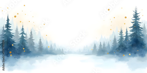 Illustration of watercolor forest with trees, natural landscape background, space for text