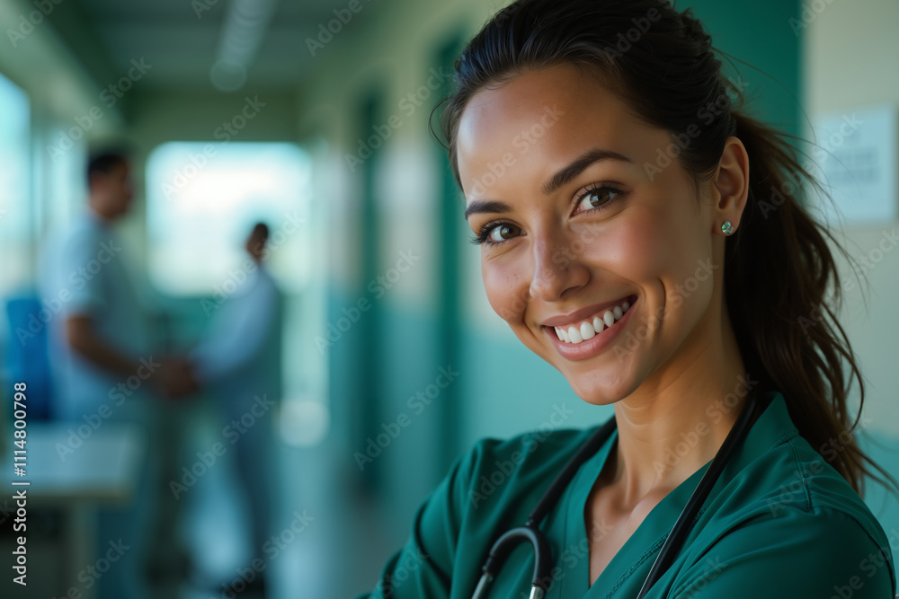 Fototapeta premium Smiling female nurse with a stethoscope around her neck stands confidently in a hospital corridor, looking directly at the camera.