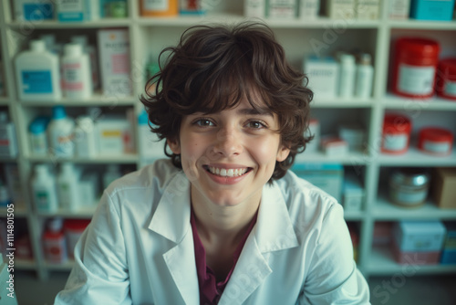 Young woman with a smile on her face, wearing a white lab coat, is seated behind a shelf filled with various bottles and containers, suggesting she might be a pharmacist or a scientist. photo