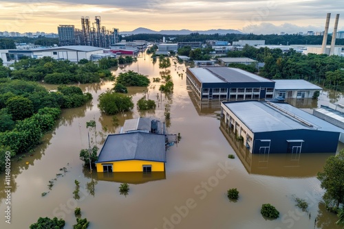 Aerial View of Submerged Industrial Area After Heavy Rainfall, showcasing Flooded Buildings, Roads, and Infrastructure with Rising Water Levels in a Lush Green Landscape photo