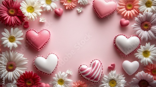 A vibrant arrangement of hearts and flowers forms a beautiful circular pattern, perfect for celebrating love on Valentine's Day.