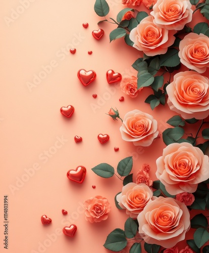 A romantic scene featuring vibrant roses and delicate hearts against a soft pink background, perfect for Valentine's Day celebrations and messages of love.